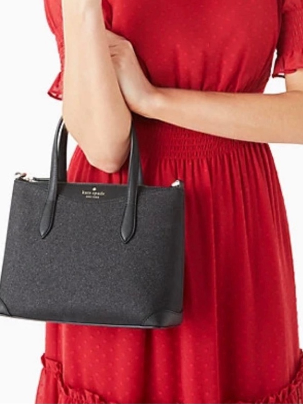 Kate Spade Small Black Glitter Satchel with Removable Crossbody Strap D411